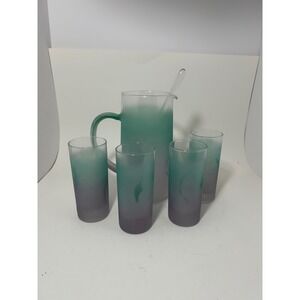 Chevrier Pettigrew Frosted Glass Pitcher Set 6pc Teal Purple Ombre Quebec Canada
